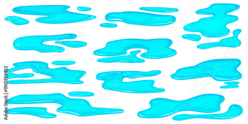 Water puddles. Liquid leakage on floor, rain puddle spill wet ground surface pool splash lake pond splatter stain drop blob drip cartoon isolated leak ingenious vector illustration
