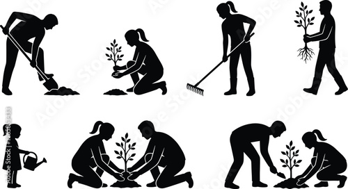 Silhouettes of People Planting Trees, Digging Soil, Raking Ground, and Watering Plants for Environmental Conservation and Community Garden Volunteer Work