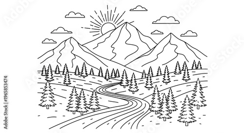 Mountain landscape with winding road trees.