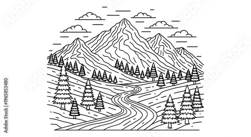 Mountain landscape with pine trees.