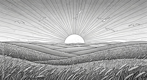 Sunrise over rolling hills landscape scene.