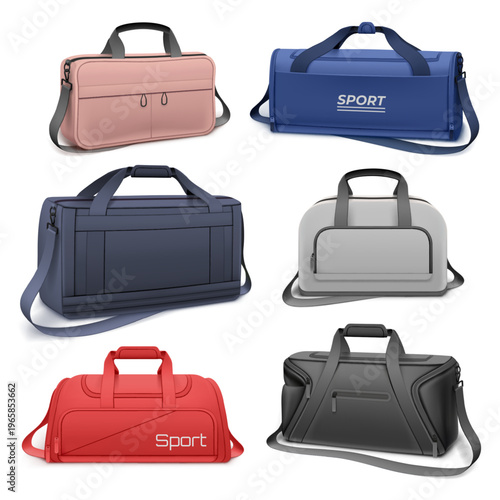 Realistic fitness bags. 3d gym bag mockup design, athletic handbag for sport fit tool training workout exercise gear sportswear equipment isolated icon garish vector illustration