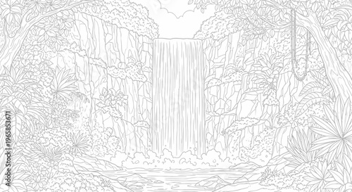 Waterfall pouring down rocky slope.