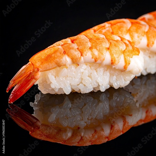 Close-up of sushi nigiri with cooked shrimp on a reflective, black surface