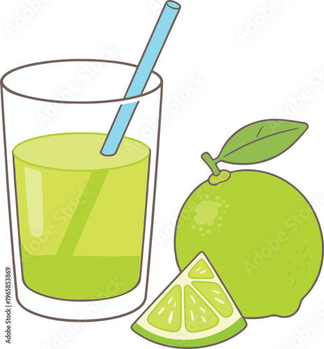 Fresh Lime Juice in Tall Glass with Blue Straw, Healthy Citrus Drink with Whole Lime and Wedge Slice, Simple Flat Design vector illustration
