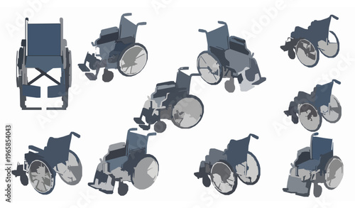 Medical wheelchair collection vector 3D isometric front top side views set