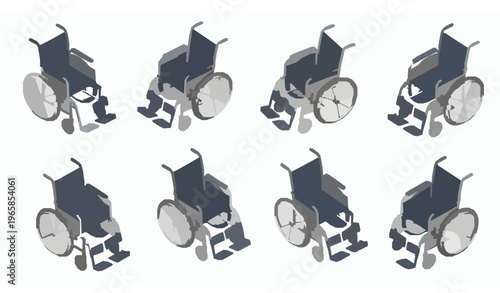 Wheelchair vector collection 3D isometric multiple view medical mobility set
