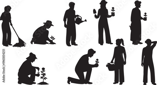 Black silhouettes of people gardening and landscaping