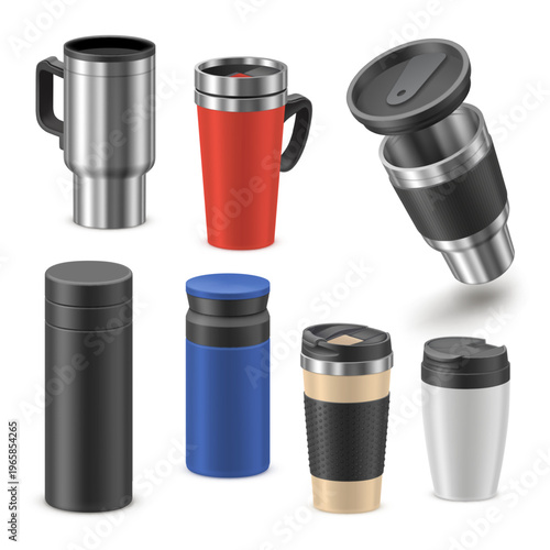 Realistic thermo cup. 3d tumbler mug mockup, travel thermos water coffee drink thermal stainless steel reusable flask insulated bottle metal straw lid garish vector illustration
