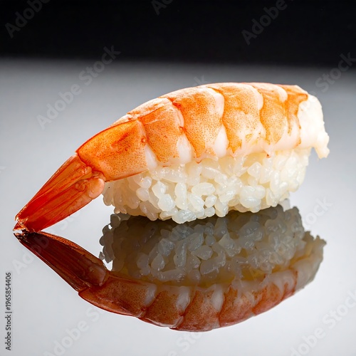 Close-up of sushi nigiri with cooked shrimp on a reflective surface