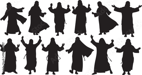 Black silhouettes of people in robes with various poses white background