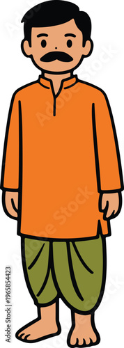 Man with Black Hair and Thick Mustache in Orange Kurta Shirt and Green Dhoti Wrap, Traditional South Asian Ethnic Dress Flat Cartoon Vector Illustration
