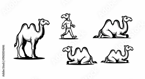 Camel Illustrations - Standing, Walking, and Resting Dromedary Designs.