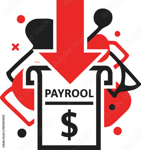 Payroll processing icon with red arrow pointing to cash and money symbol for accounting
