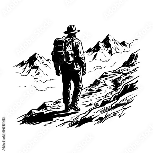 Vintage pen and ink style vector illustration of an explorer, mountain hiker.
