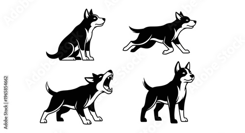 Black and White Dog Illustrations - Sitting, Running, Barking, Standing.