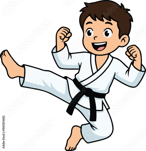 Energetic Boy in White Karate Gi with Black Belt Performing High Kick, Happy Martial Arts Student Cartoon Vector Illustration
