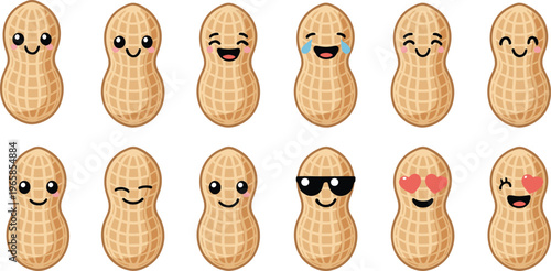 Cute cartoon peanut emoji character set with various expressions including happy love cool and winking faces brown nut legume vector illustration for food packaging design.