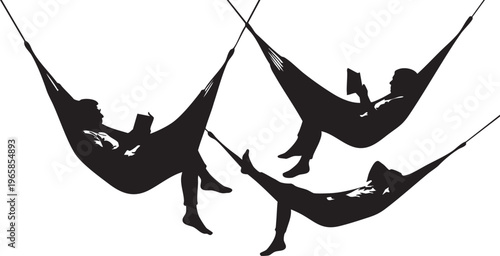 Black silhouettes of people relaxing in hammocks relaxation leisure