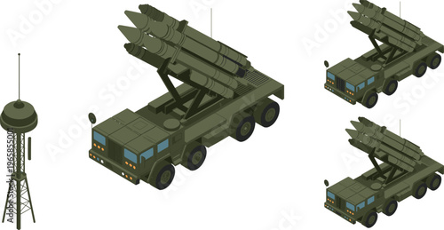 Military radar tower illustration, missile launcher vehicles, defense technology artwork, communication system design, war equipment concept, surveillance and security graphic