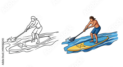 Vector illustration of a man paddleboarding on a colorful board in water