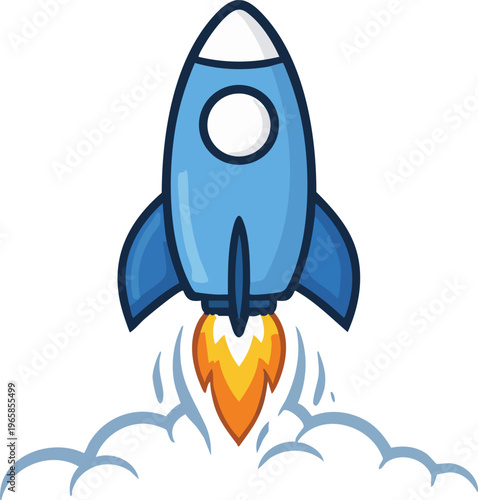 Blue Rocket Launch Icon: A dynamic illustration captures the thrilling moment of a rocket taking flight, propelled by a fiery blaze and leaving a trail of fluffy clouds.