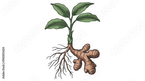 Ginger plant root with leaves botanical herbal medicine ingredient illustration