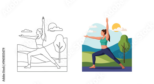 Woman in warrior yoga pose in nature vector illustration design