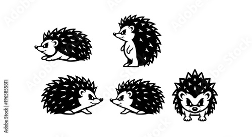 Collection of stylized hedgehog illustrations in various poses.