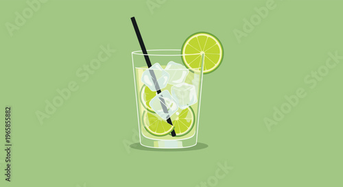 Refreshing cold lime cocktail drink with ice cubes and lime slices in a glass with a straw on a light green background.