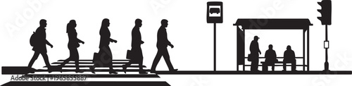 Black silhouettes of people walking and sitting at a bus stop on a white background traffic light