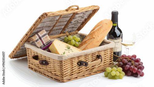 Open wicker picnic basket with baguette cheese grapes and wine on white background for outdoor dining
