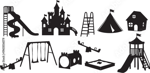 Black silhouettes of playground equipment and buildings white background