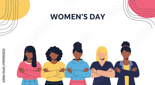 International womens day illustration with a diverse group of strong women standing together with arms crossed.