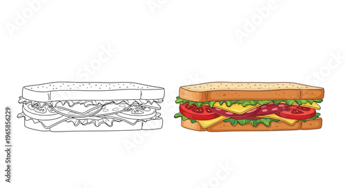 Colorful vector illustration of a sandwich with various ingredients shown