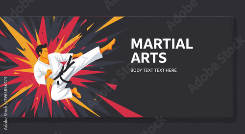 Martial arts banner with karate fighter performing a high kick