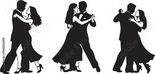 Black silhouettes of three dancing couples in different poses white background