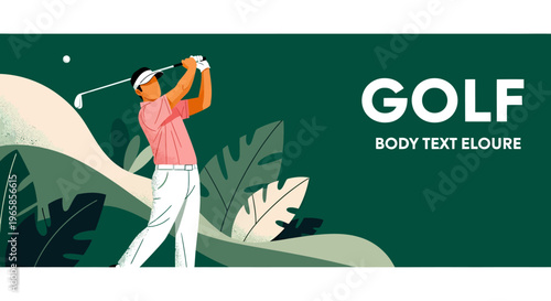 Professional golfer swinging a golf club in a stylized nature setting