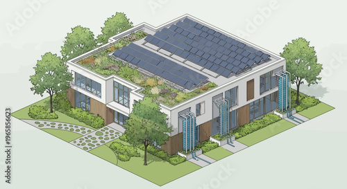 Modern building with green roof and solar panels, surrounded by trees and landscaping.