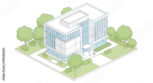 Isometric illustration of a modern office building with trees and pathways, showcasing contemporary architecture and urban design.