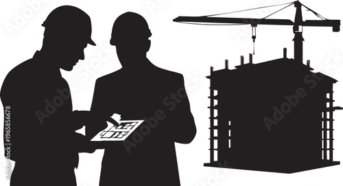 Black silhouettes of two construction workers with building and crane