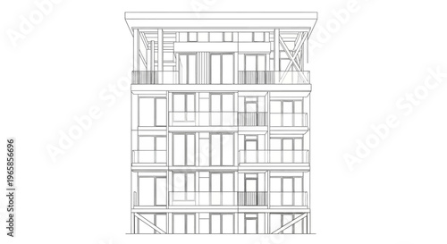 Architectural line drawing of a modern multi-story residential building facade with balconies and large windows.