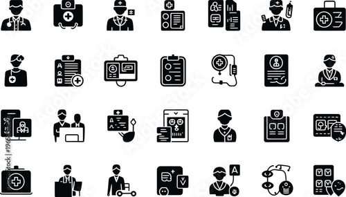 Comprehensive medical service and patient care glyph icons set for healthcare it and digital platforms