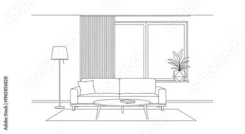 Minimalist line art illustration of a cozy living room interior with sofa, coffee table, lamp, and window.