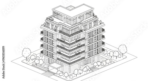 Detailed isometric line drawing of a modern multi-story residential building with balconies and surrounding trees.