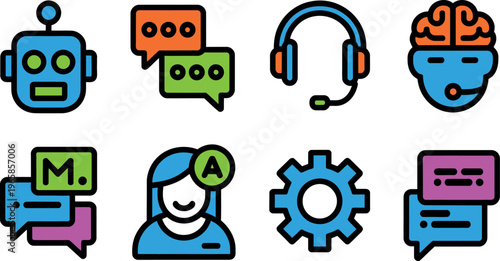 Collection of colorful chat and ai related icons on white background