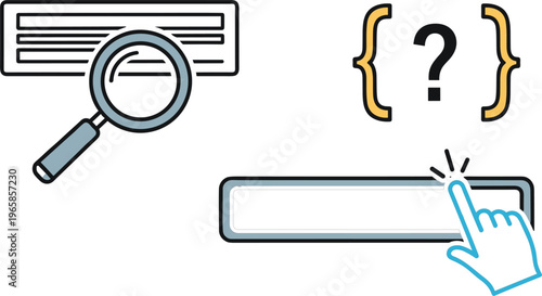 Search bar interface with magnifying glass question mark and clicking hand user experience concept flat vector illustration