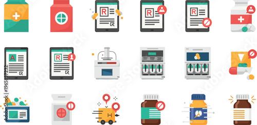Pharmacy and Medicine Vector Icon Set with Prescription Pills, Medication Bottles, Tablets, Delivery, Digital Prescriptions, and Pharmacy Management Tools for Healthcare and Medical Illustrations