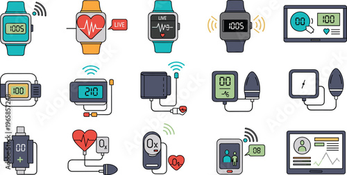 Brain and neuroscience themed medical technology icons set featuring MRI scanner, brain analysis, neurology research, artificial intelligence brain, medical monitoring screens, laboratory equipment, h