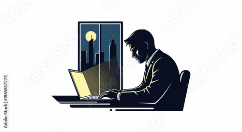 Silhouette of businessman working on laptop at night with city skyline